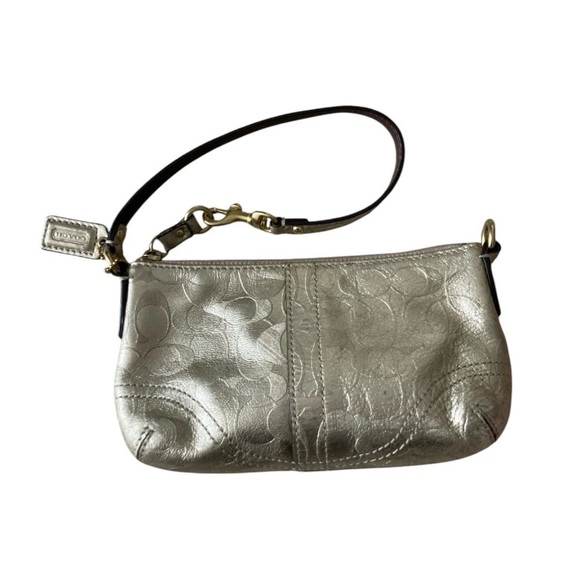 COACH Small Sliver Metallic Embossed "C" Leather Wristlet Bag - Picture 1 of 5